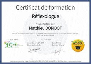 Certification DORIDOT Matthieu Réflexologue