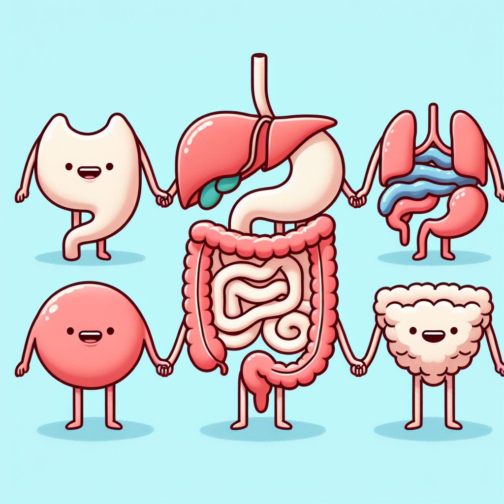 Organes digestifs se tenant la main. La digestion est une chaine où tous les organes sont importants